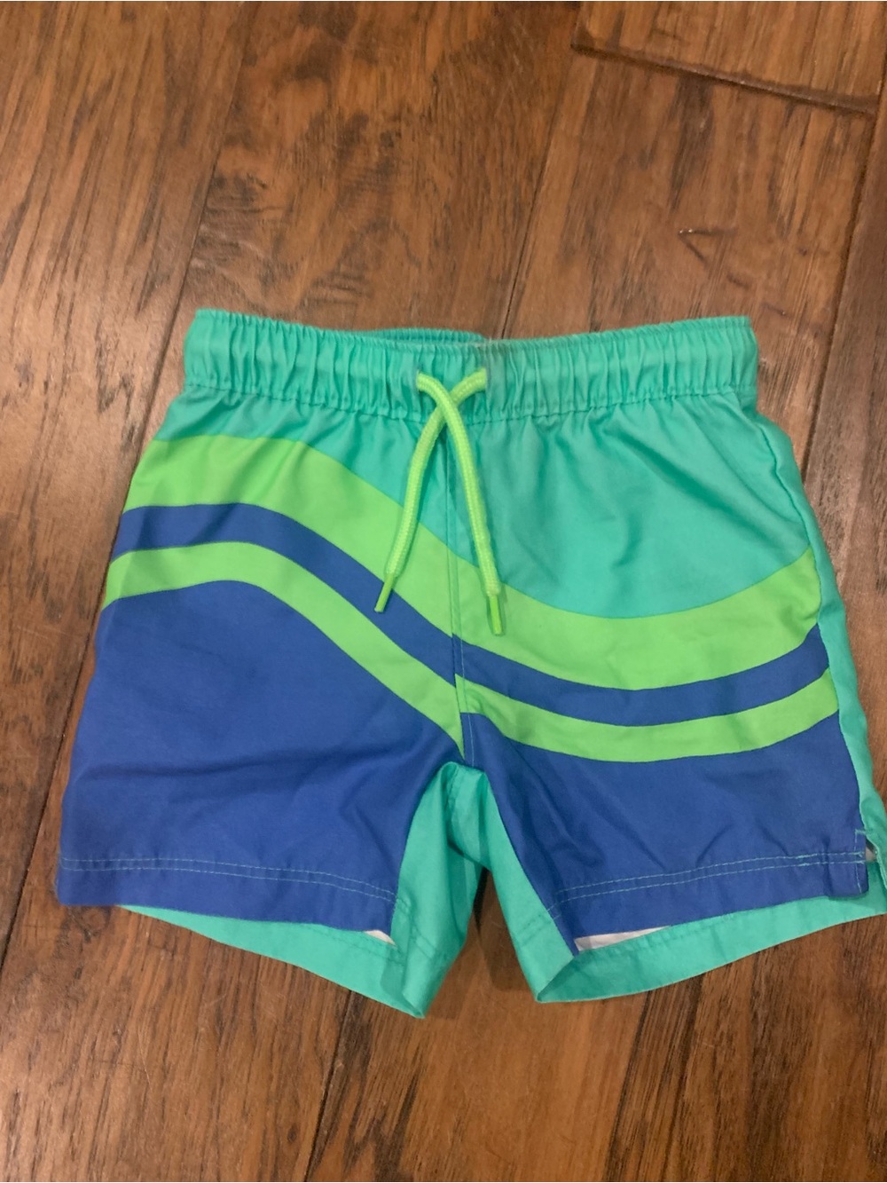 Old Navy Bright Teal and Blue Boys' Swim Trunks with Lime Drawstring
